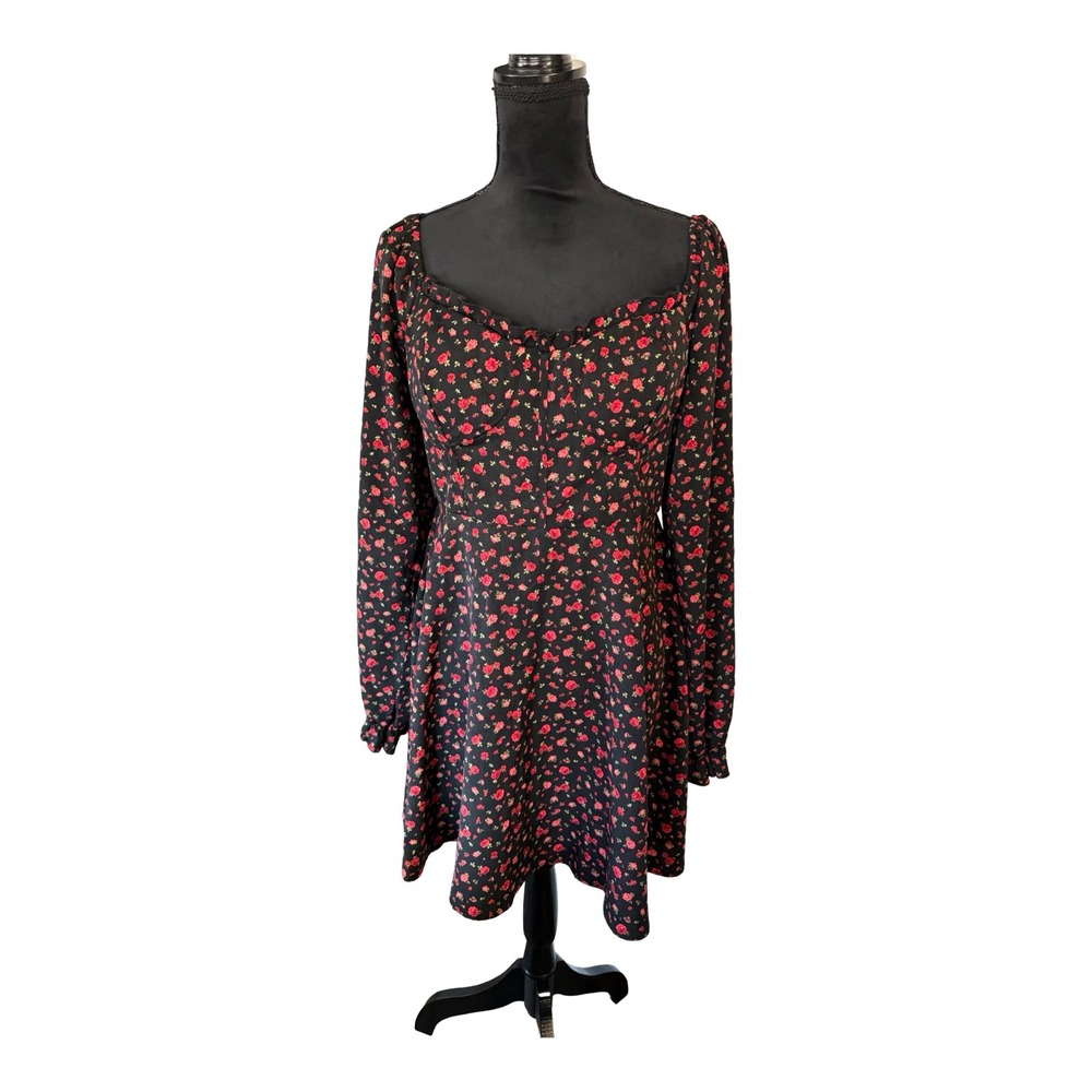 Black Floral Long-Sleeve Swing Dress with Pink Rose Print - Picture 4 of 5